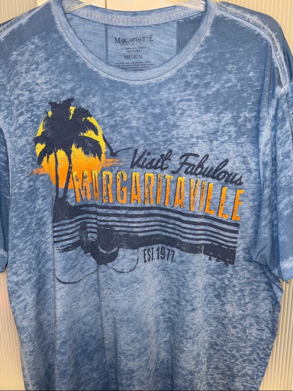 Margaritaville Blue Tie-Dye Tee with Yellow Sunset Palm